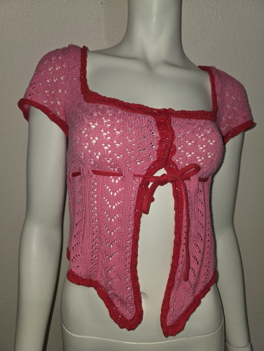 Urban Outfitters Pink Red Crochet Tie Front Open Top Handkerchief Hem XS